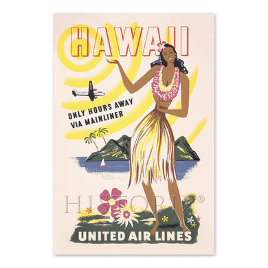 Digitally Restored and Enhanced 1950 Hawaii Travel Poster Print - Restored United Air Lines Hawaii Only Hours Away Via Mainliner Travel Poster Wall Art