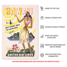Load image into Gallery viewer, Digitally Restored and Enhanced 1950 Hawaii Travel Poster Print - Restored United Air Lines Hawaii Only Hours Away Via Mainliner Travel Poster Wall Art

