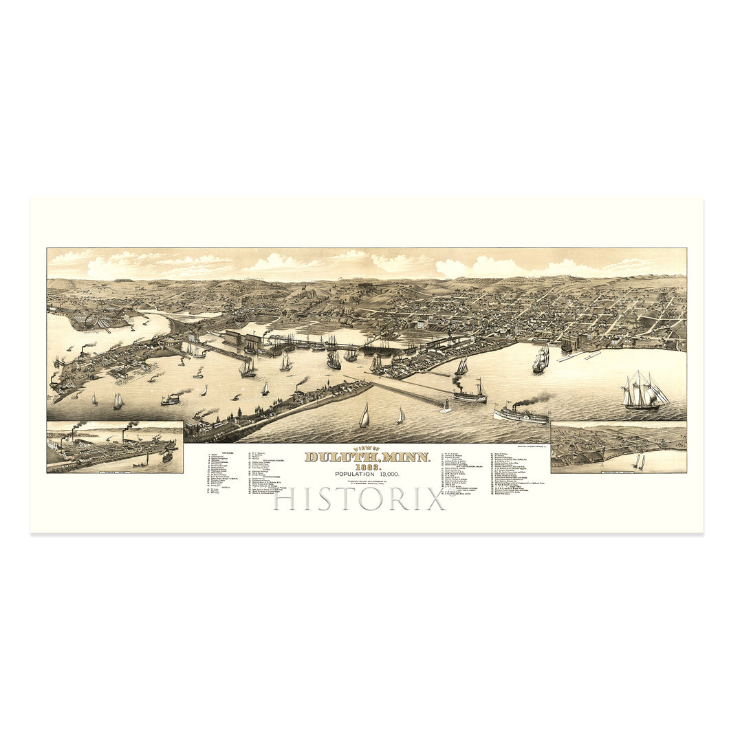 Digitally Restored and Enhanced 1883 Duluth Minnesota Map Poster - Old View of Duluth Minnesota Wall Art Print - Restored History Map of Minnesota Poster
