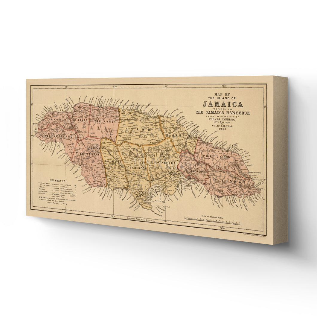 Digitally Restored and Enhanced 1893 Jamaica Map Canvas Art - Canvas Wrap Vintage Jamaica Poster - Old Map of Jamaica Island - Map History of Jamaica Wall Art - Map of the Island of Jamaica Poster