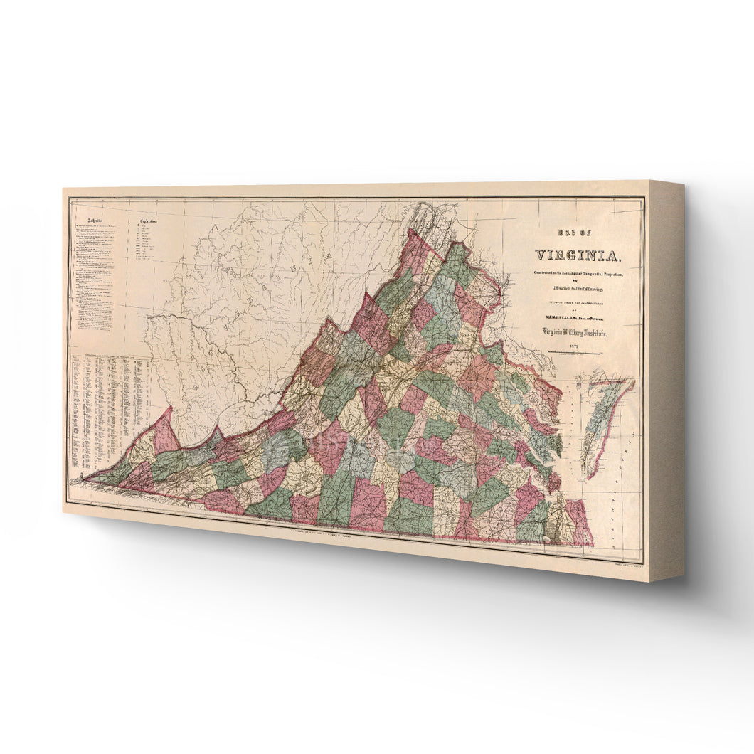 Digitally Restored and Enhanced - 1871 Virginia Map Canvas Art - Canvas Wrap Vintage Virginia Map Poster - Old State of Virginia Map Print - Restored Virginia Wall Art Showing Index of The Population