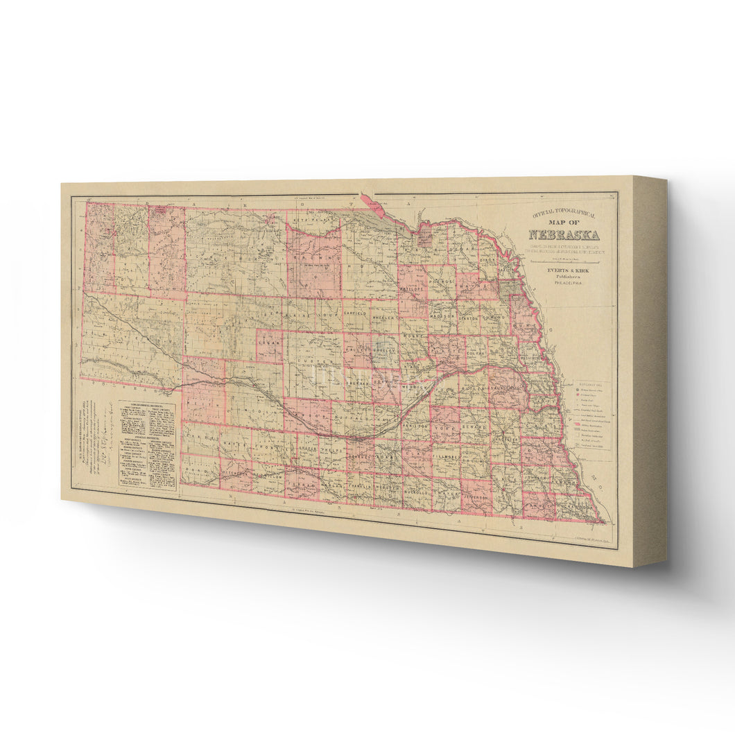 Digitally Restored and Enhanced 1885 Nebraska Map Canvas Art - Canvas Wrap Vintage History of Nebraska State Map - Old Nebraska Poster - Restored Nebraska Wall Art - Topographical Map of Nebraska