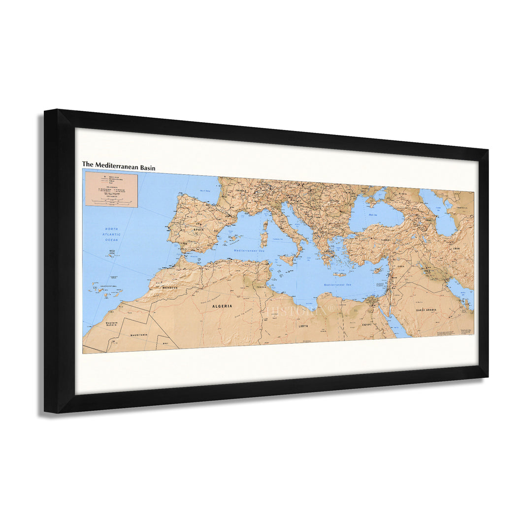Digitally Restored and Enhanced 1998 Mediterranean Map Poster - Framed Vintage Map of the Mediterranean Wall Art - Old Mediterranean Poster - Restored Mediterranean Basin Map