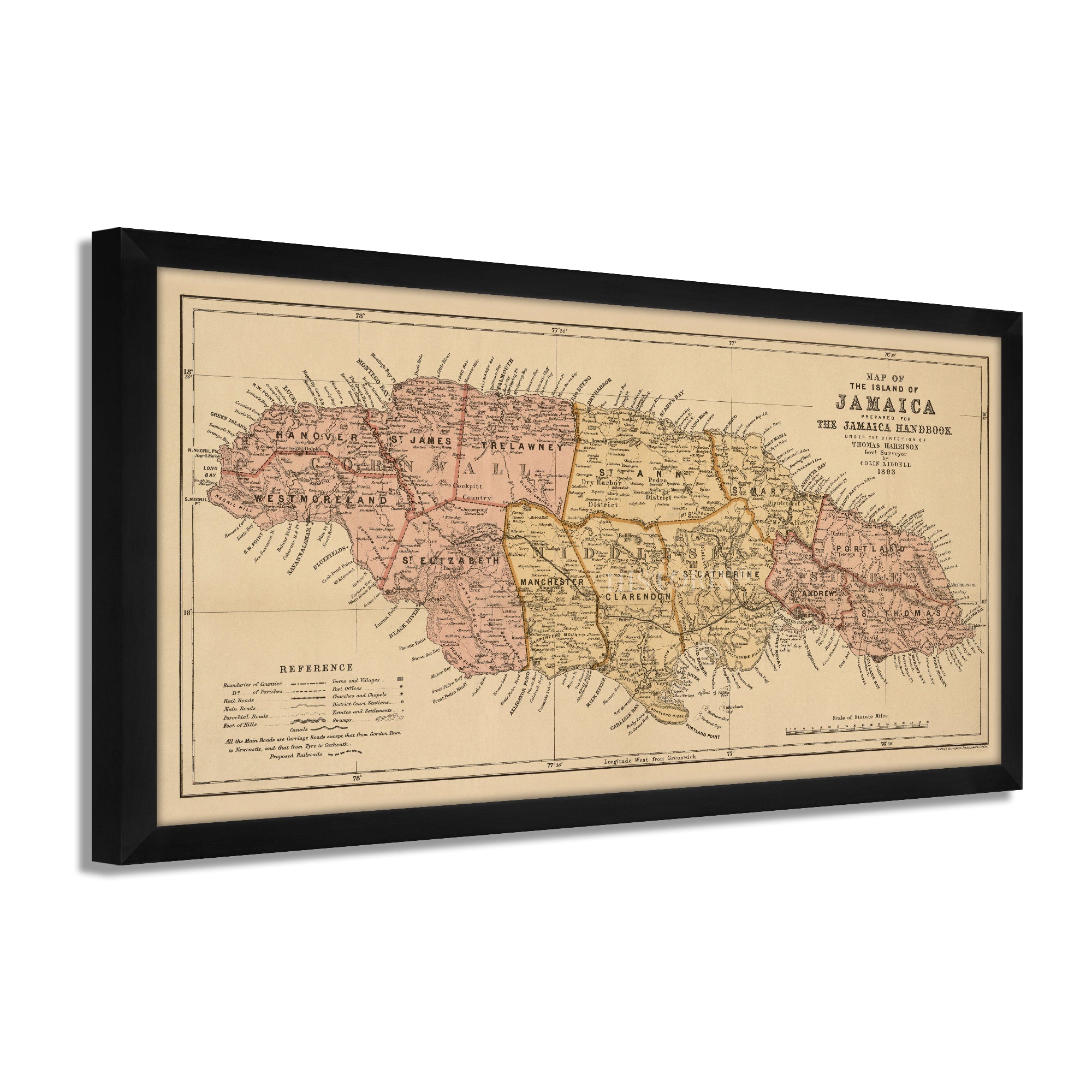 1893 Map of the Island of Jamaica Caribbean Region Framed Wall Art