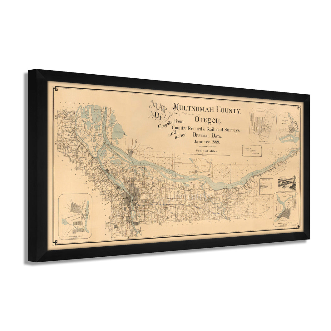 Digitally Restored and Enhanced 1889 Multnomah County Oregon Map - Framed Vintage Multnomah Wall Art - Old Map of Oregon Poster - History Map of Multnomah County Oregon Wall Art
