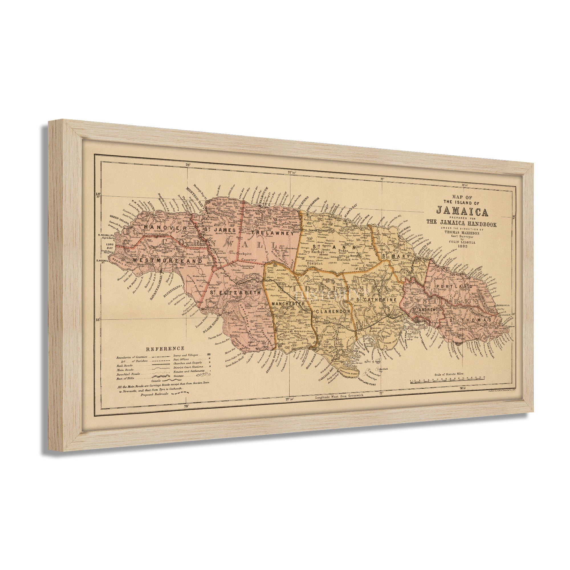 1893 Map of the Island of Jamaica Caribbean Region Framed Wall Art