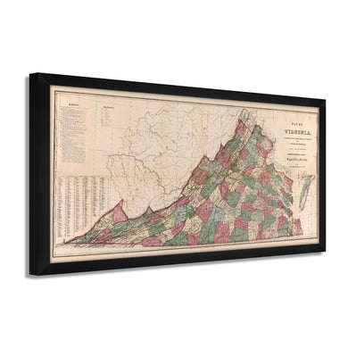 Digitally Restored and Enhanced - 1871 Virginia Map Poster - Framed Vintage Virginia Map Print - Old Virginia State Map Art - Restored Virginia Wall Art Showing Index of The Population