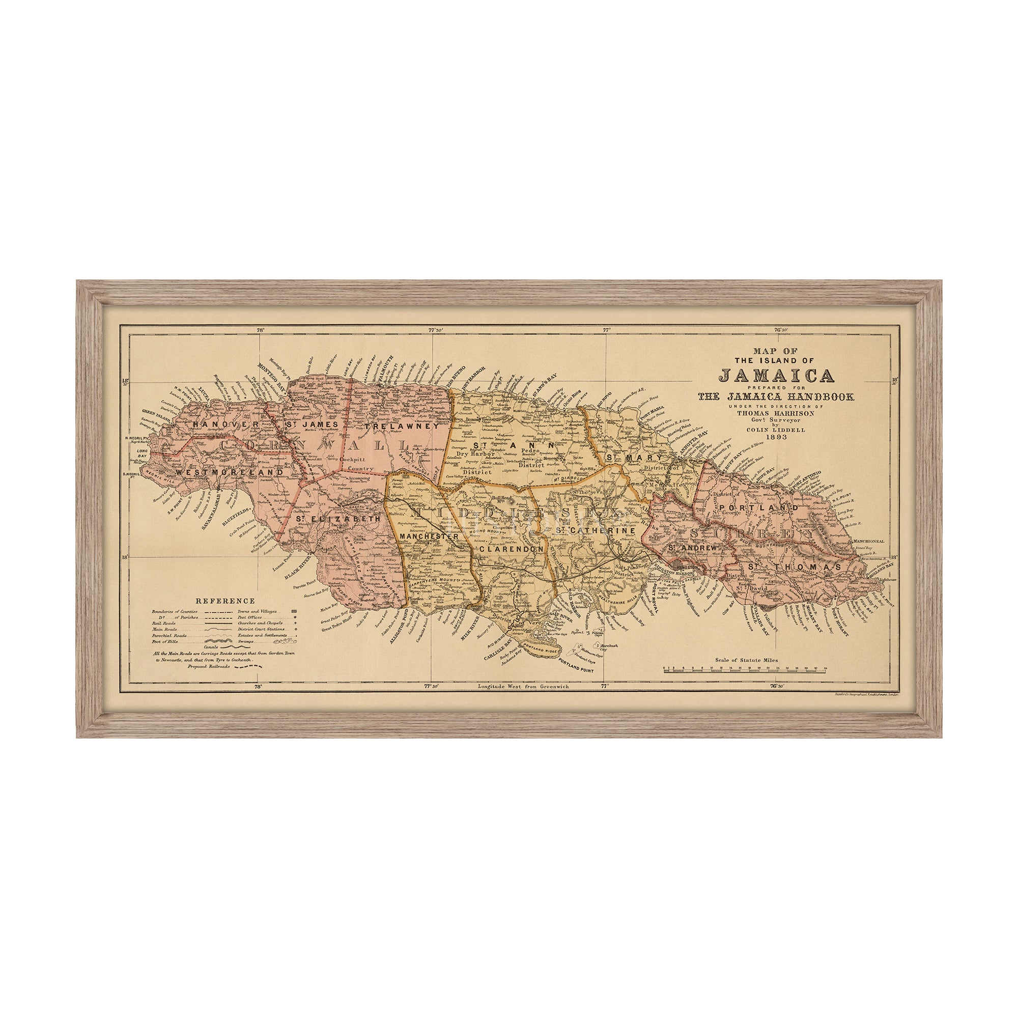 1893 Map of the Island of Jamaica Caribbean Region Framed Wall Art