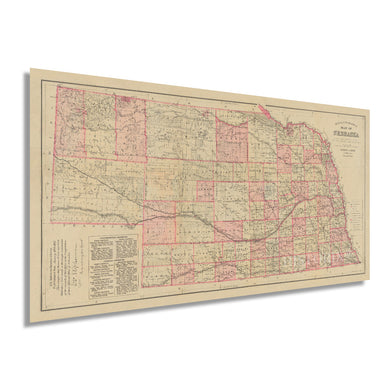 Digitally Restored and Enhanced 1885 Nebraska Map - Vintage Map of Nebraska Wall Art Decor - Topographical Map of Nebraska Poster - Old Historic Nebraska State Map Showing Settlements Railroads