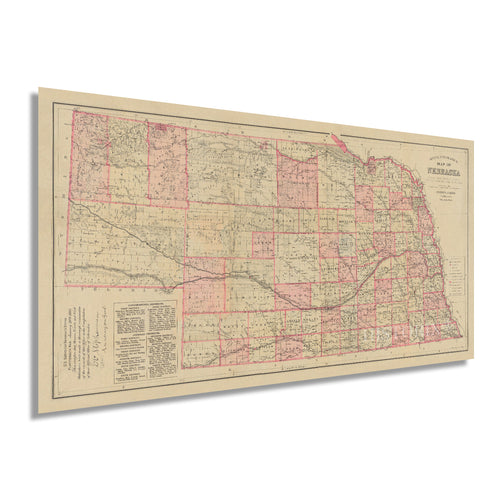 Digitally Restored and Enhanced 1885 Nebraska Map - Vintage Map of Nebraska Wall Art Decor - Topographical Map of Nebraska Poster - Old Historic Nebraska State Map Showing Settlements Railroads