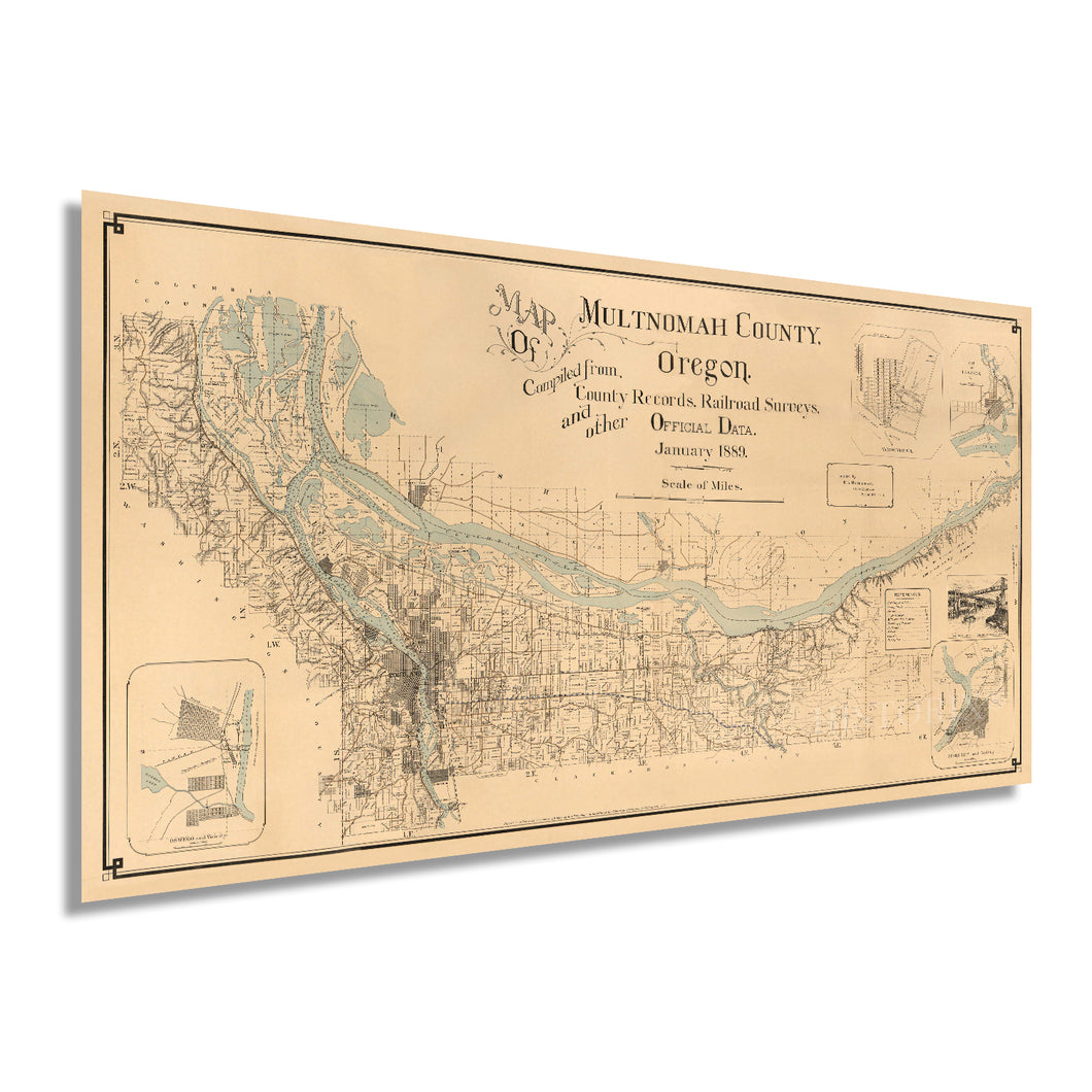 Digitally Restored and Enhanced 1889 Map of Multnomah County Oregon - Vintage Map Wall Art - Multnomah County Portland Oregon Map showing Lot Lines, Landowners, Schools, Churches, Post Offices
