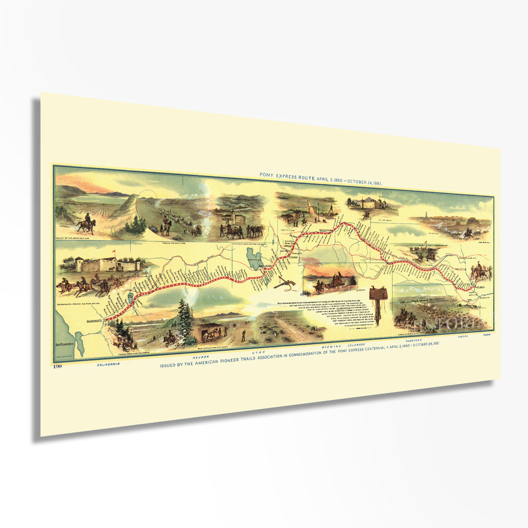 Digitally Restored and Enhanced 1960 Pony Express Map - Vintage Pony Express Poster - Old Pony Express Map - The Pony Express Historic Trail Route Showing Names and Locations of Relay Stations