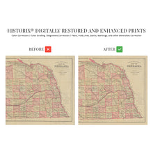 Load image into Gallery viewer, Digitally Restored and Enhanced 1885 Nebraska Map - Vintage Map of Nebraska Wall Art Decor - Topographical Map of Nebraska Poster - Old Historic Nebraska State Map Showing Settlements Railroads
