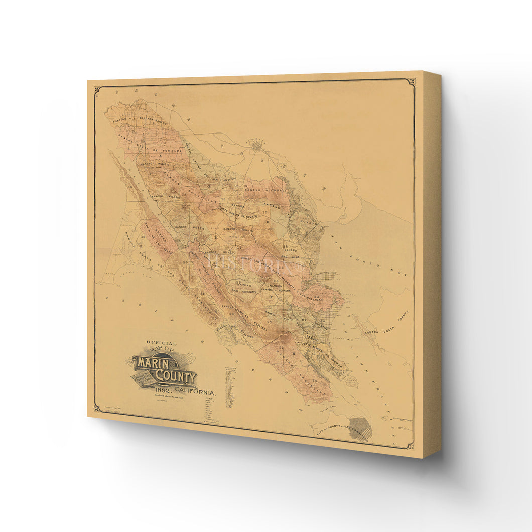 Digitally Restored and Enhanced 1892 Marin California Map Canvas - Canvas Wrap Vintage Marin County Poster - History Map of Marin County California