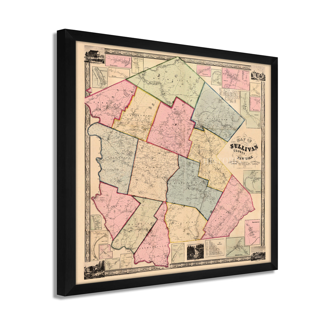 Digitally Restored and Enhanced 1856 Sullivan County NY Map - Framed Vintage Map of New York State - Old New York Map Poster - Restored Sullivan County Wall Art from Actual Surveys