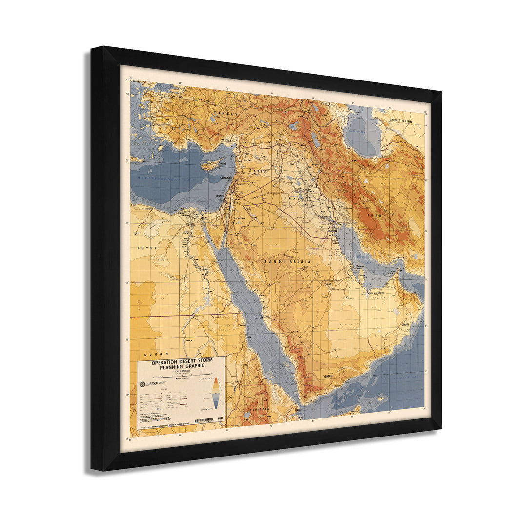 Digitally Restored and Enhanced 1991 Operation Desert Storm Map - Framed Vintage Middle East Map Poster - Old Middle East Wall Art - Restored Operation Desert Storm Planning Graphic
