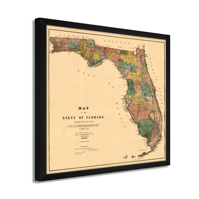 Digitally Restored and Enhanced 1856 Map of Florida State Poster - White Framed Vintage Florida Map Wall Art - Old State of Florida Poster - Framed Florida Map Showing Progress of Surveys