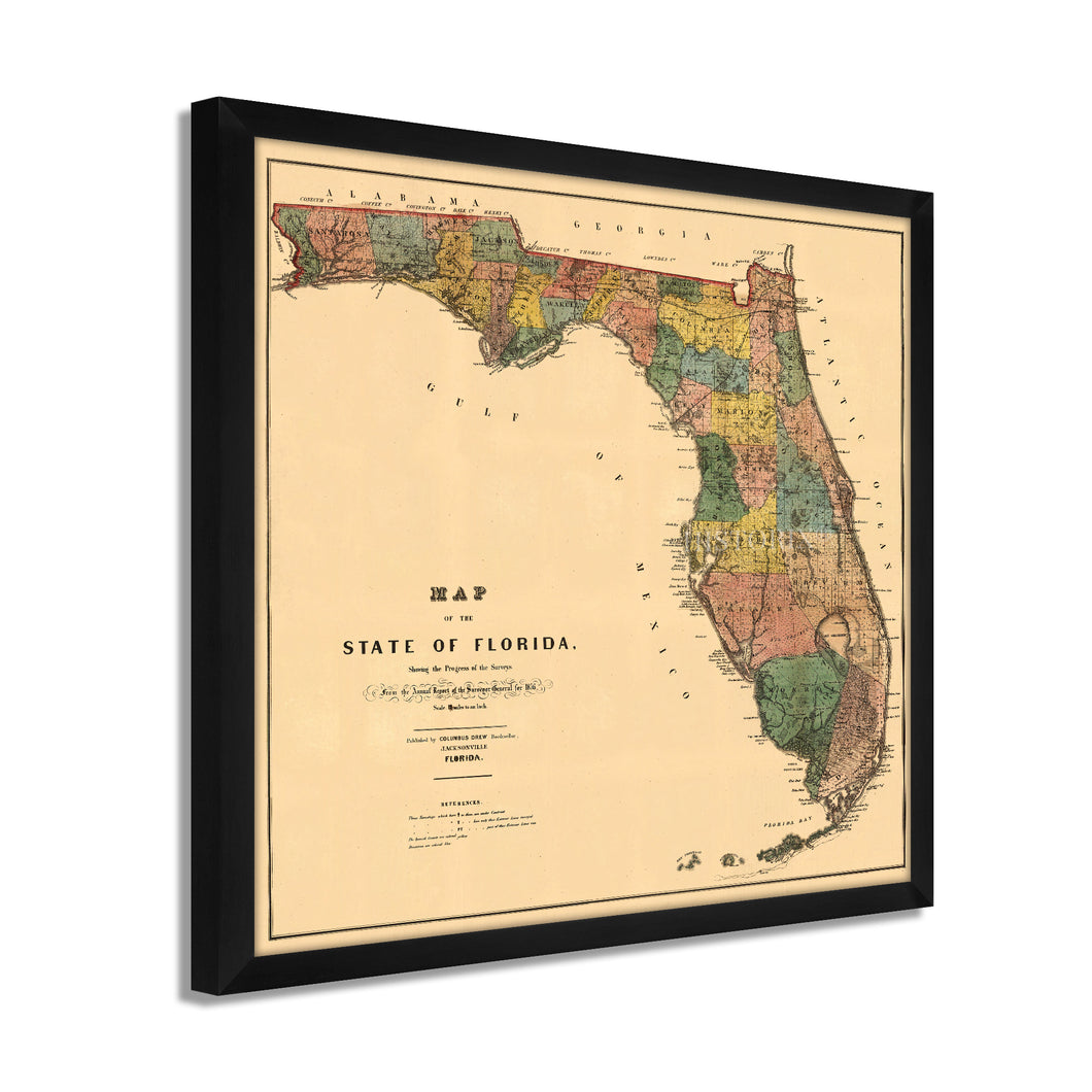 Digitally Restored and Enhanced 1856 Map of Florida State Poster - White Framed Vintage Florida Map Wall Art - Old State of Florida Poster - Framed Florida Map Showing Progress of Surveys