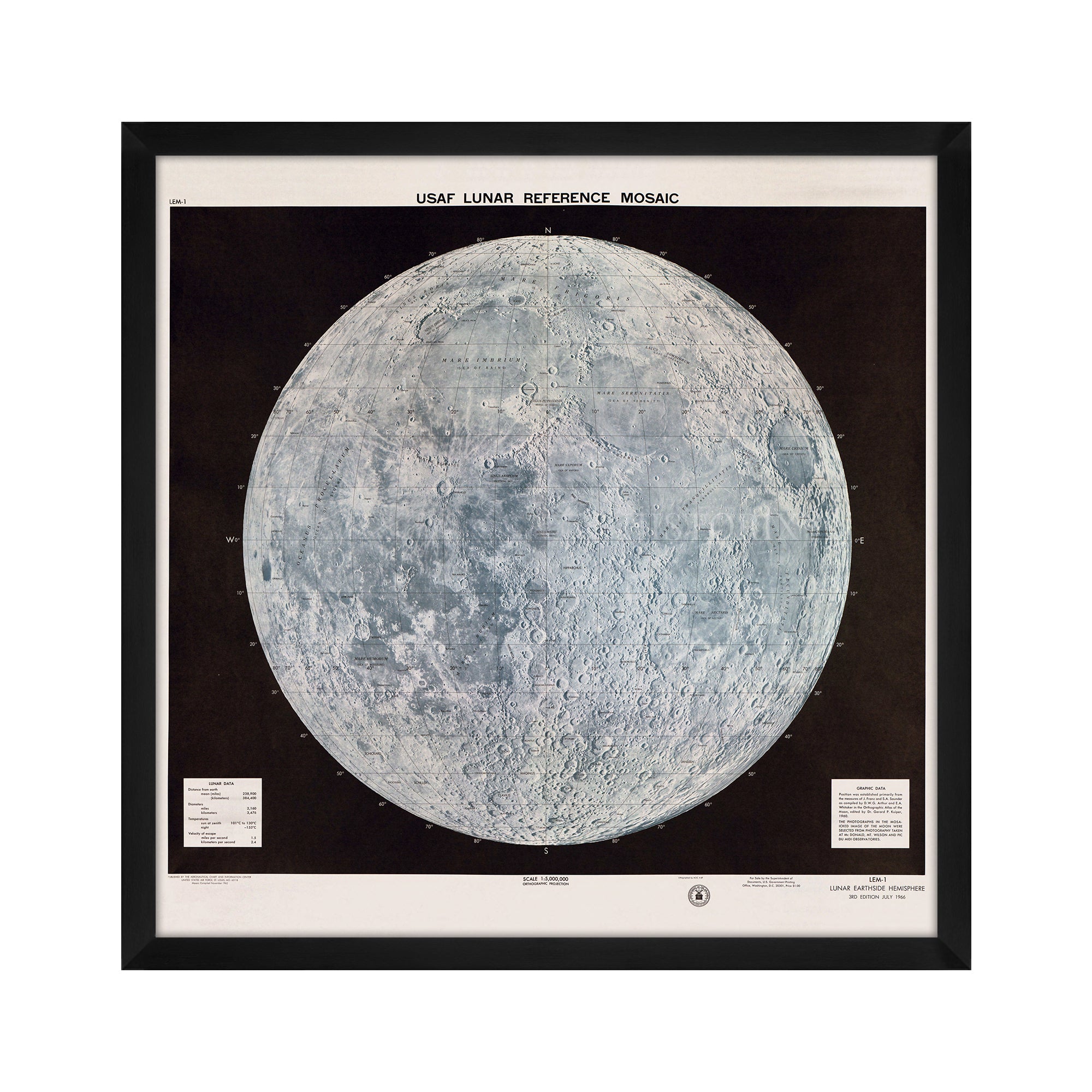 1966 USAF Lunar Reference Mosaic Moon Map Framed Wall Art