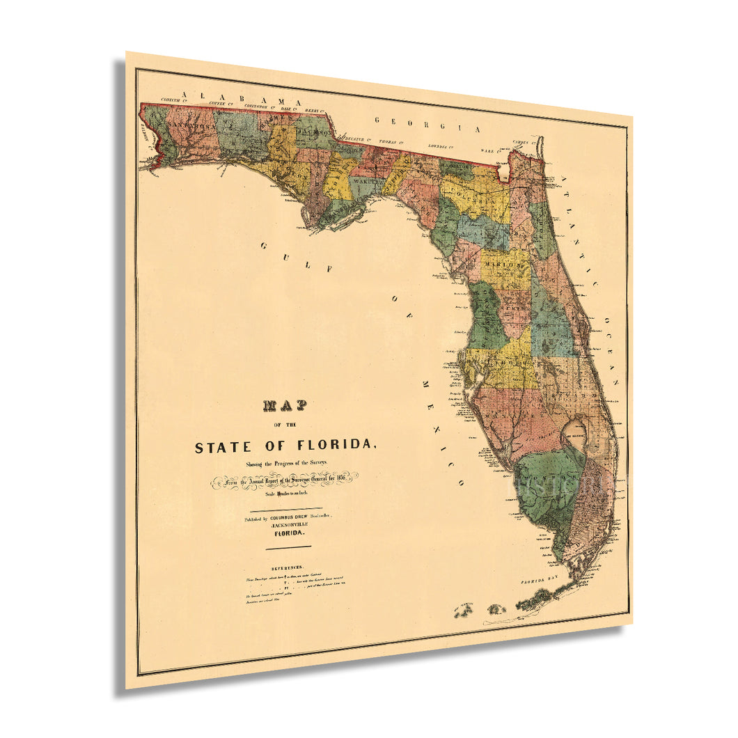 Digitally Restored and Enhanced 1856 Florida State Wall Map - Vintage Map Wall Art - Vintage Florida Map Poster Showing Cities, Towns, Roads, Trails and Railroad Lines - Vintage Florida Poster
