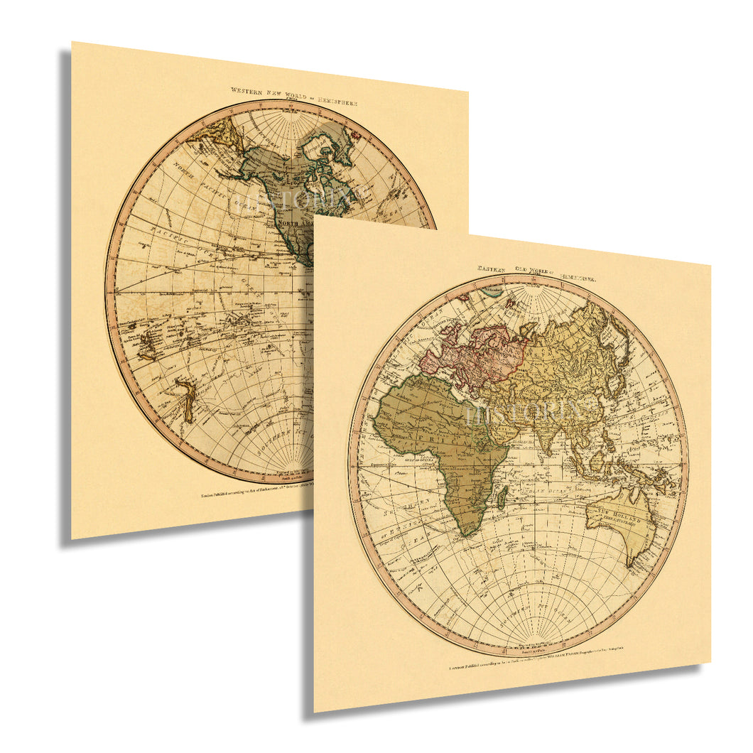 1786 Arte de la pared del mapa del mundo del hemisferio oriental y occidental - Cada uno de los mapas vintage del hemisferio oriental y occidental del mundo - Impresión del póster del mapa del viejo mundo (Combo)