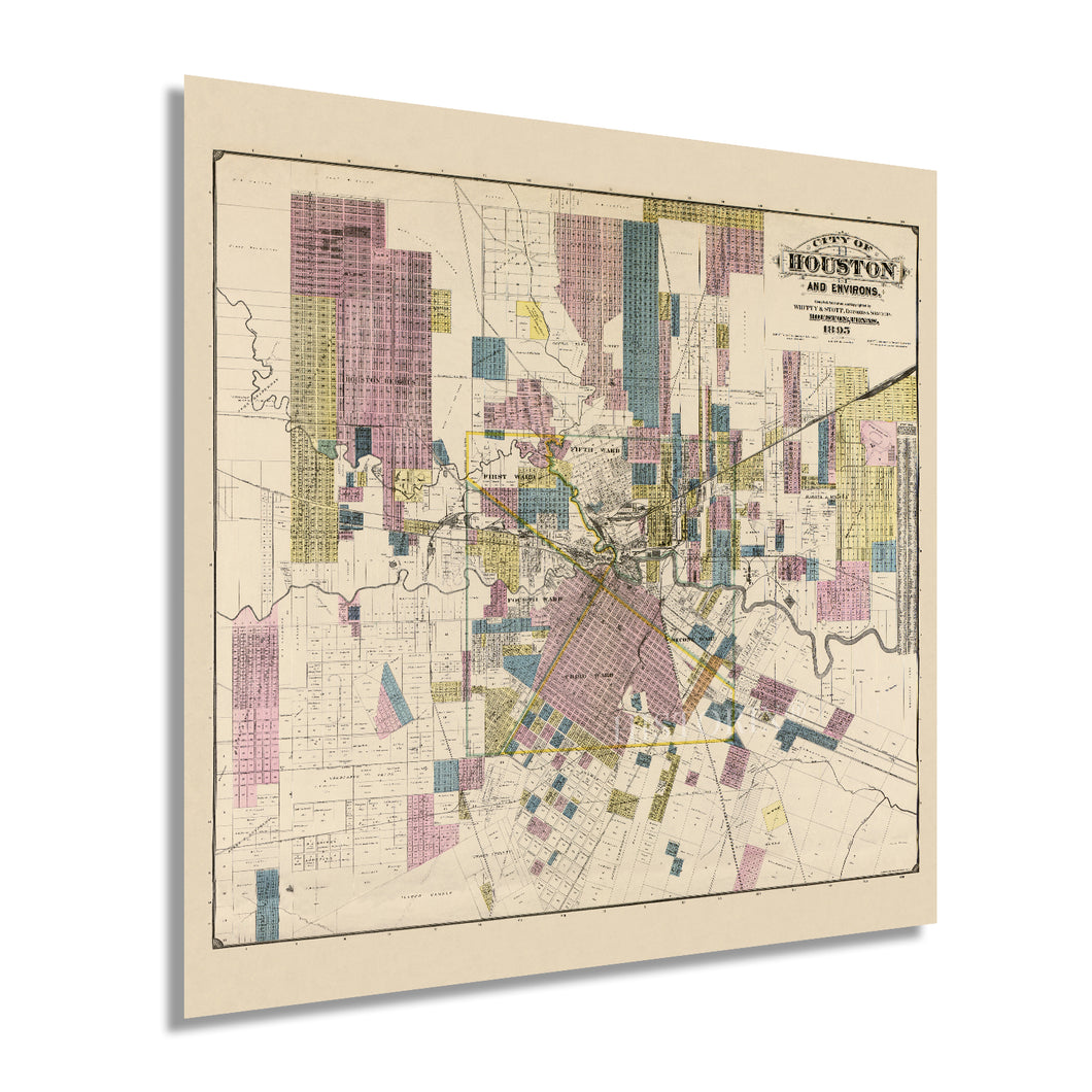 Digitally Restored and Enhanced 1895 Houston City Map - Inch Houston Texas Vintage Map - Old Map of Houston TX Wall Art - Restored Houston Wall Map of Texas - Historic City of Houston and Environs Map
