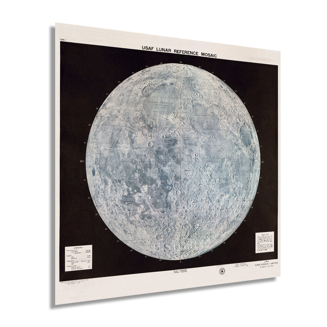 Digitally Restored and Enhanced 1966 Lunar Moon Map Poster - Lunar Map - Moon Poster Vintage Map with Data Table - Print of the Moon Wall Map - Lunar Poster - USAF Lunar Reference Mosaic