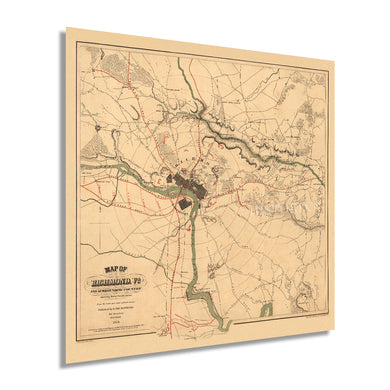 Digitally Restored and Enhanced 1864 Richmond Virginia Map - Vintage Richmond Map Poster - Old Richmond Wall Art - Historic Richmond VA Map - Restored Map of Richmond VA and Surrounding Country