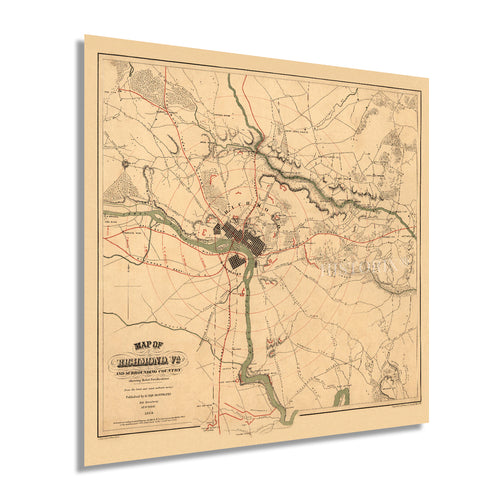 Digitally Restored and Enhanced 1864 Richmond Virginia Map - Vintage Richmond Map Poster - Old Richmond Wall Art - Historic Richmond VA Map - Restored Map of Richmond VA and Surrounding Country