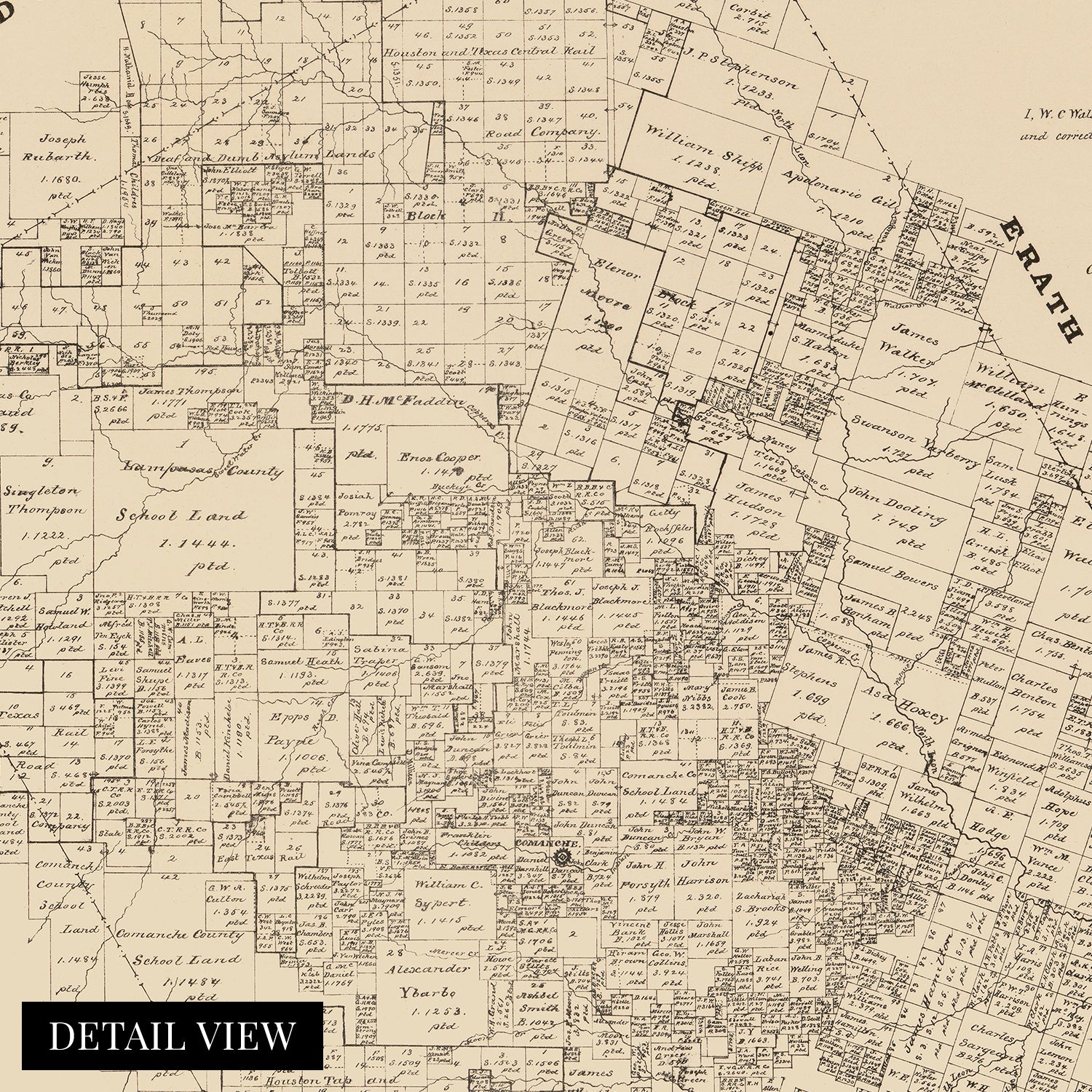 1879 Comanche County Texas United States Map Wall Art Print Historic