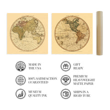 Cargar imagen en el visor de la galería, 1786 Arte de la pared del mapa del mundo del hemisferio oriental y occidental - Cada uno de los mapas vintage del hemisferio oriental y occidental del mundo - Impresión del póster del mapa del viejo mundo (Combo)
