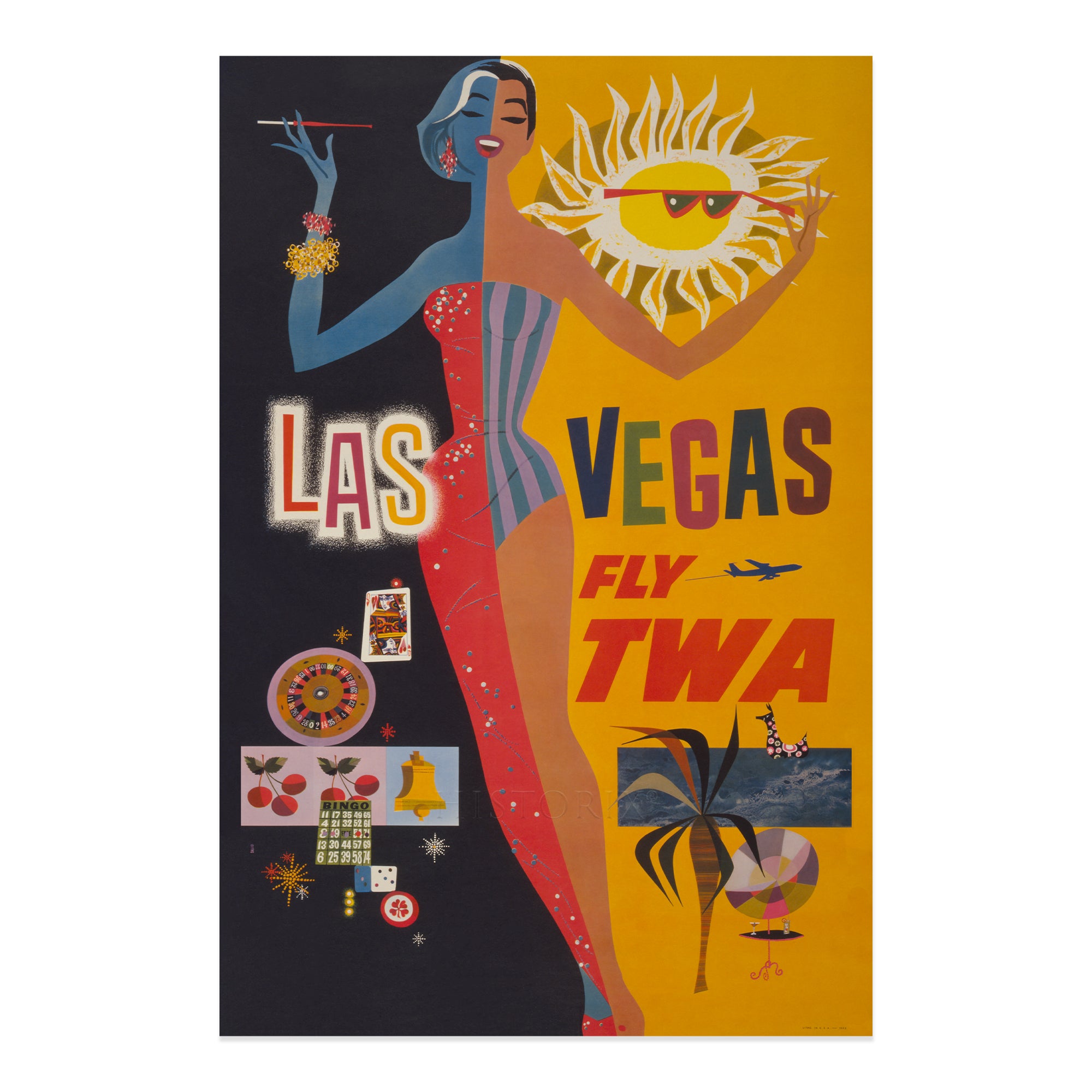 1960 Las Vegas Fly TWA Airline Travel Poster Print by David Klein