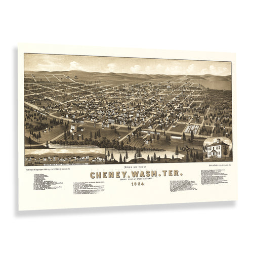 Digitally Restored and Enhanced 1884 Cheney Washington Map Poster - Old Bird's Eye View Map of Cheney Spokane Washington Territory Print Wall Art