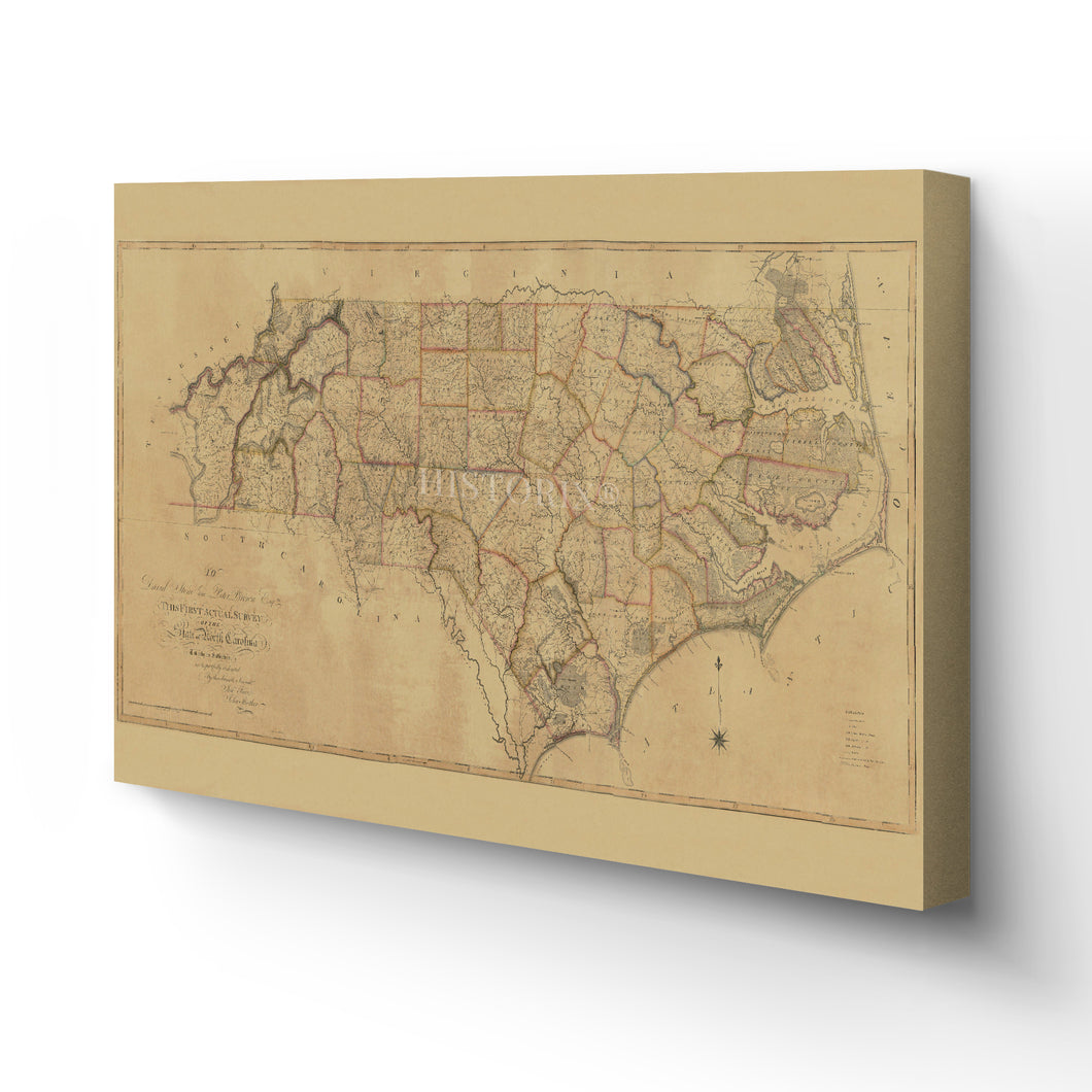 Digitally Restored and Enhanced 1808 North Carolina Map Canvas Art - Canvas Wrap Vintage Wall Map of North Carolina - Old NC Map Poster - First Actual Survey State Map of North Carolina Wall Art