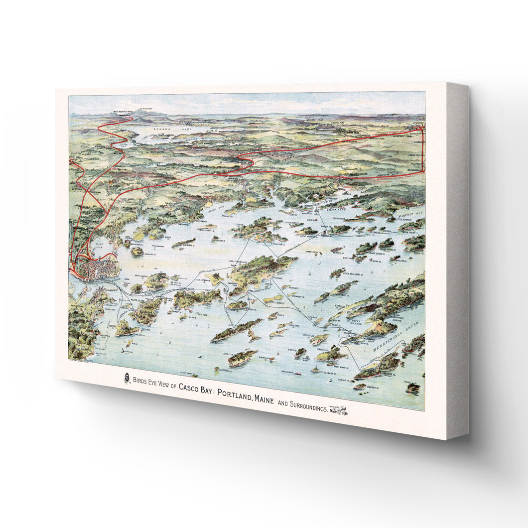 Digitally Restored and Enhanced 1906 Casco Bay Map Canvas Art - Canvas Wrap Vintage Map of Portland Maine - Bird's Eye View of Casco Bay Portland Maine Map & Surroundings Wall Art Poster