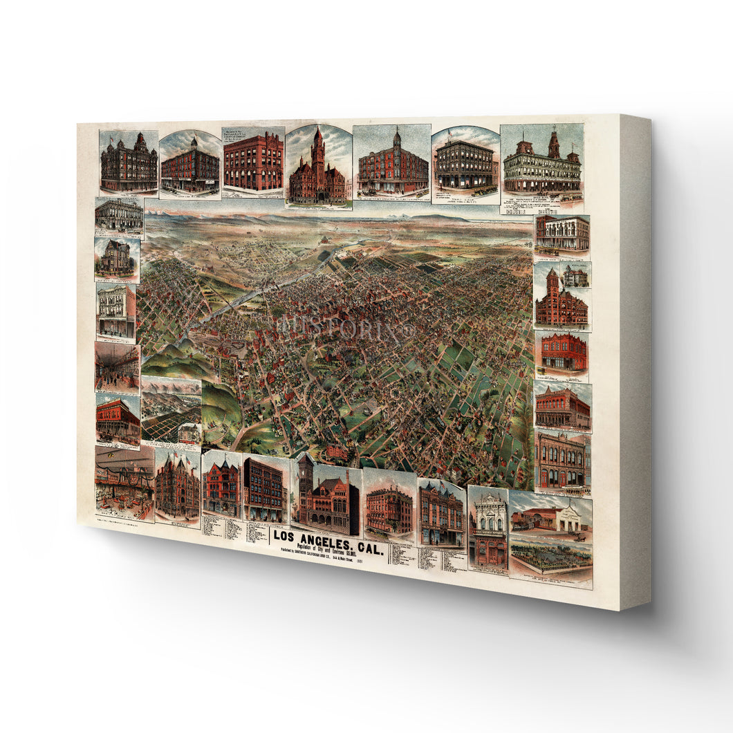 Digitally Restored and Enhanced 1891 Los Angeles - Canvas Wrap Vintage Map of Los Angeles Wall Art - Old Los Angeles Poster - Map of Los Angeles California Showing Population of City & Environs