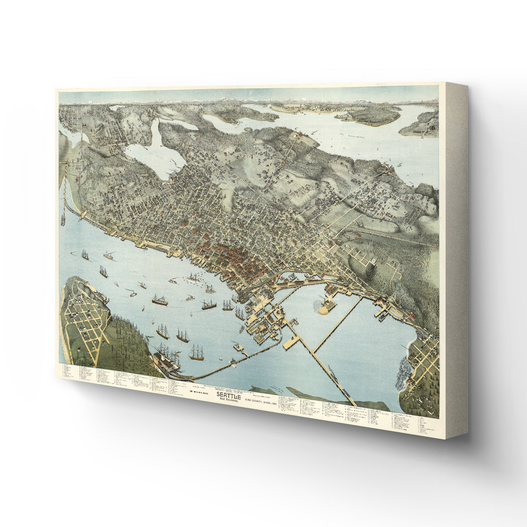 Digitally Restored and Enhanced 1891 Map of Seattle Canvas Art - Canvas Wrap Vintage Seattle Map Poster - Old Seattle Canvas - Bird's Eye View Map of Seattle & Environs King County Washington Wall Art Poster