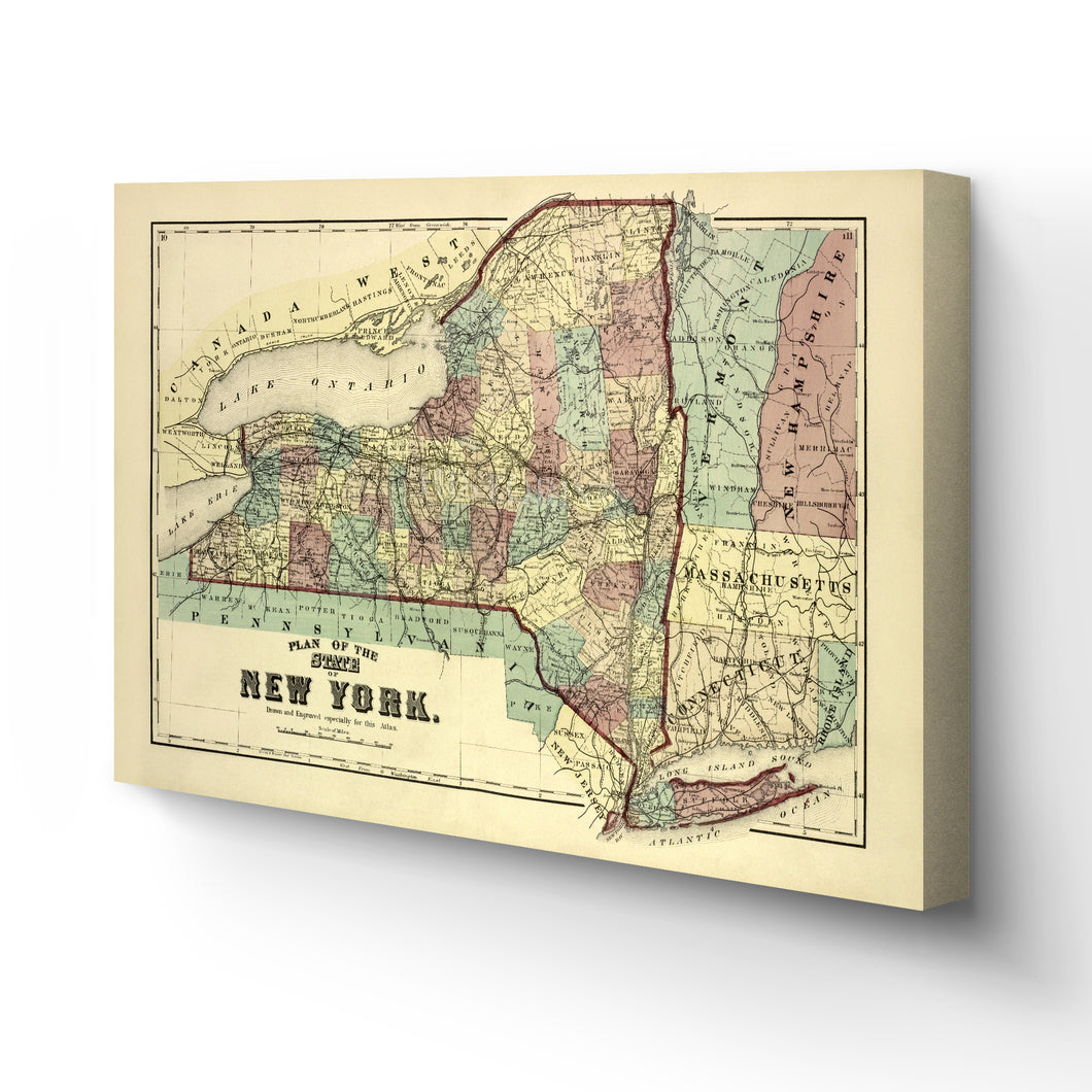 Digitally Restored and Enhanced 1875 New York Map Canvas Art - Canvas Wrap Vintage Map of New York Wall Art - Old New York Poster - Restored Map of NY State - Plan of the State of New York Map Poster