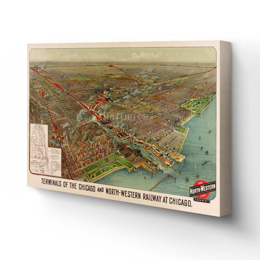 Digitally Restored and Enhanced 1902 Chicago Map Canvas Art - Canvas Wrap Vintage Chicago Map Wall Art - Historic Chicago Map Poster - Old Terminals of Chicago & North-Western Railway Map