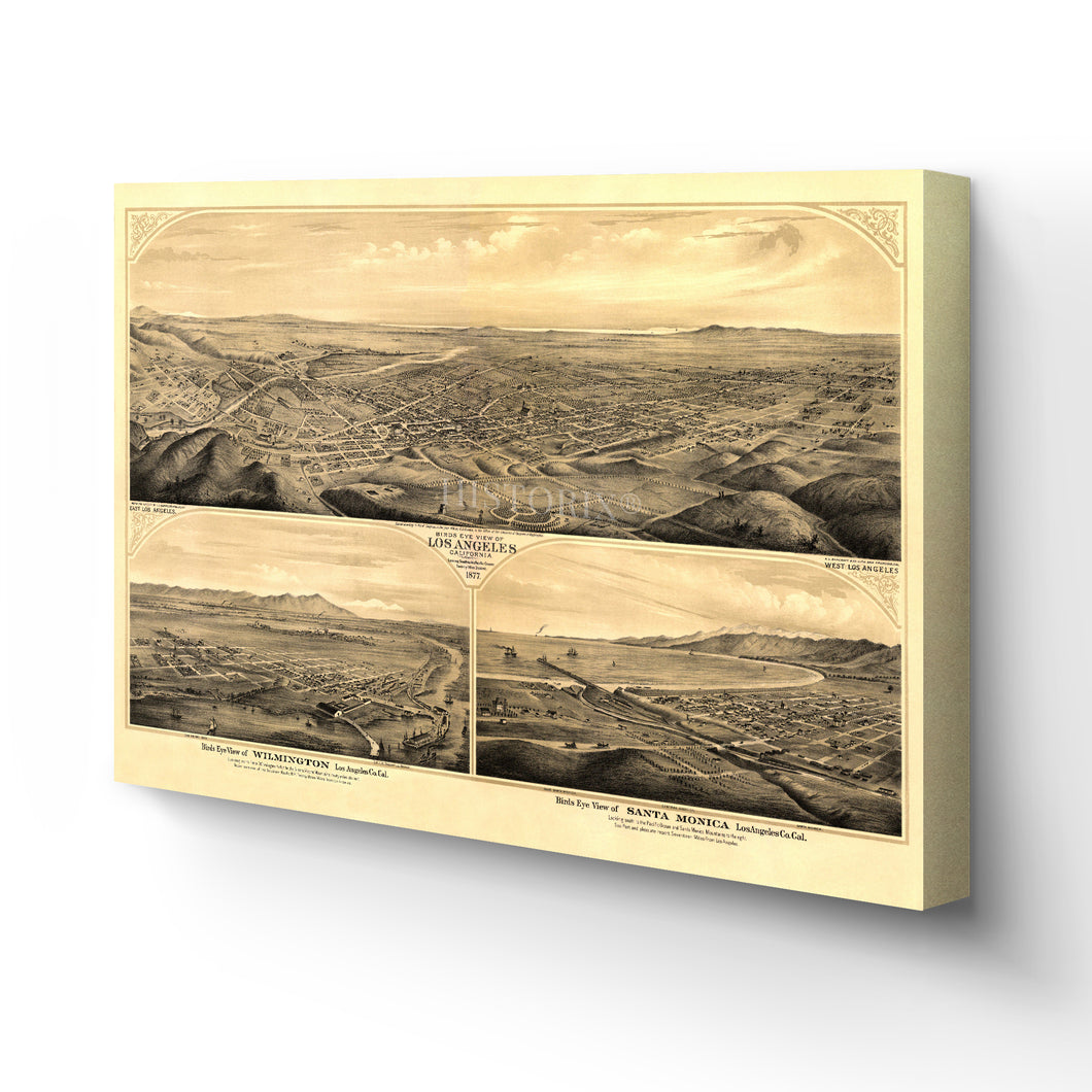 Digitally Restored and Enhanced 1877 Los Angeles Canvas Art - Map of Los Angeles California - Old Bird's Eye View of Los Angeles Map Poster