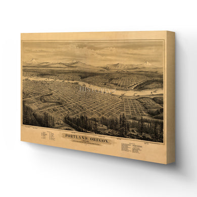 Digitally Restored and Enhanced 1879 Portland Oregon Canvas -Canvas Wrap Vintage Map of Portland City Wall Art - Old Portland Map - Bird's Eye View of Portland Oregon Map Showing Points of Interest