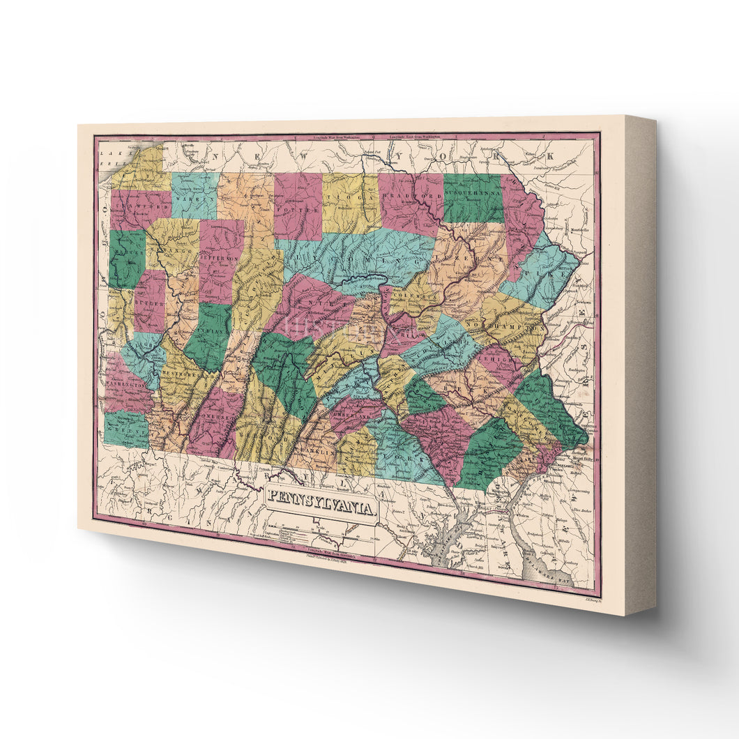 Digitally Restored and Enhanced 1829 Pennsylvania Map Canvas - Canvas Wrap Vintage Pennsylvania Map Poster - Old Pennsylvania - Historic Map of Pennsylvania State - Restored Pennsylvania Wall Art