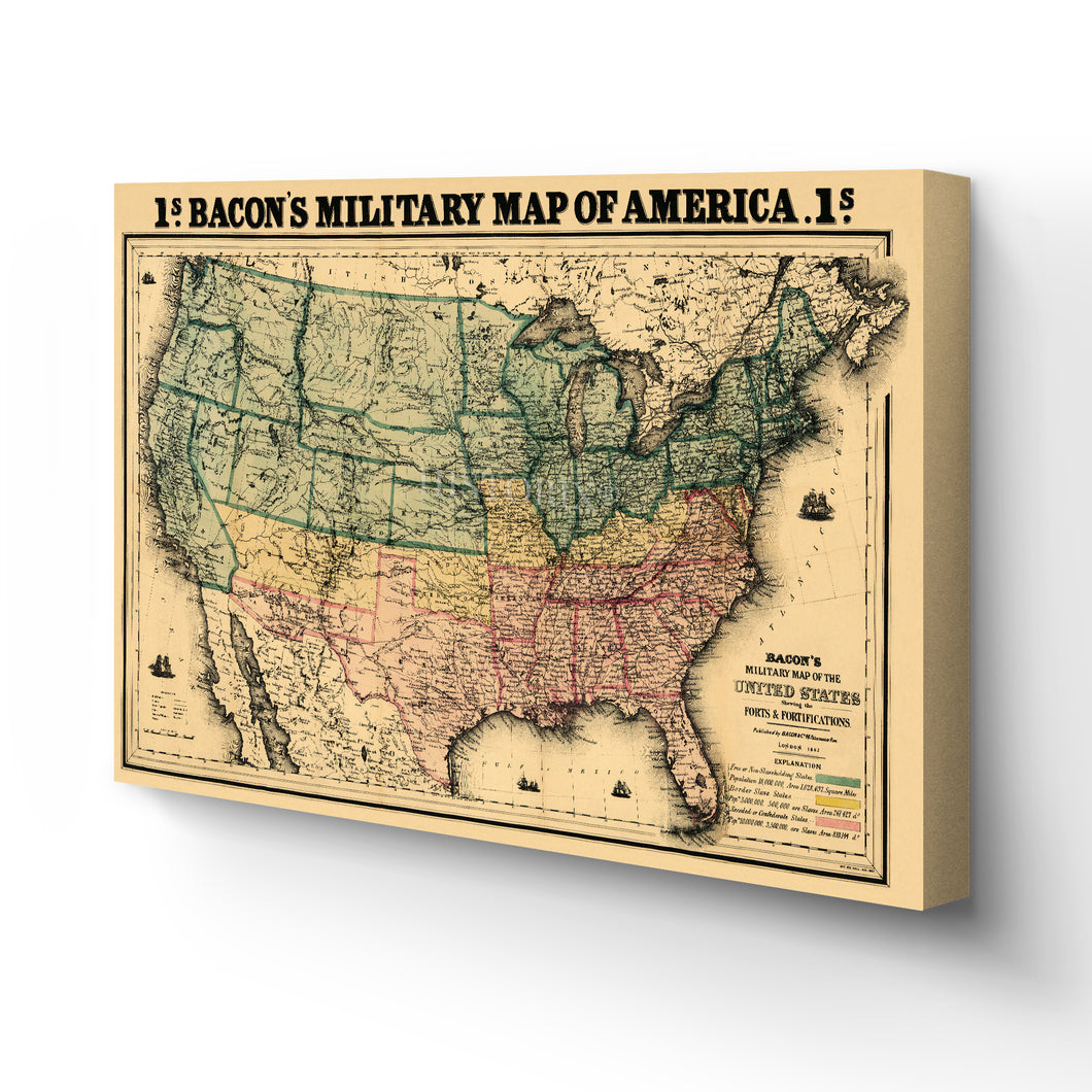 Digitally Restored and Enhanced 1862 USA Map Canvas Art - Canvas Wrap Vintage Map of USA Wall Art - Old United States Map Print - Restored USA Map Poster - Bacon's Military Map of the United States