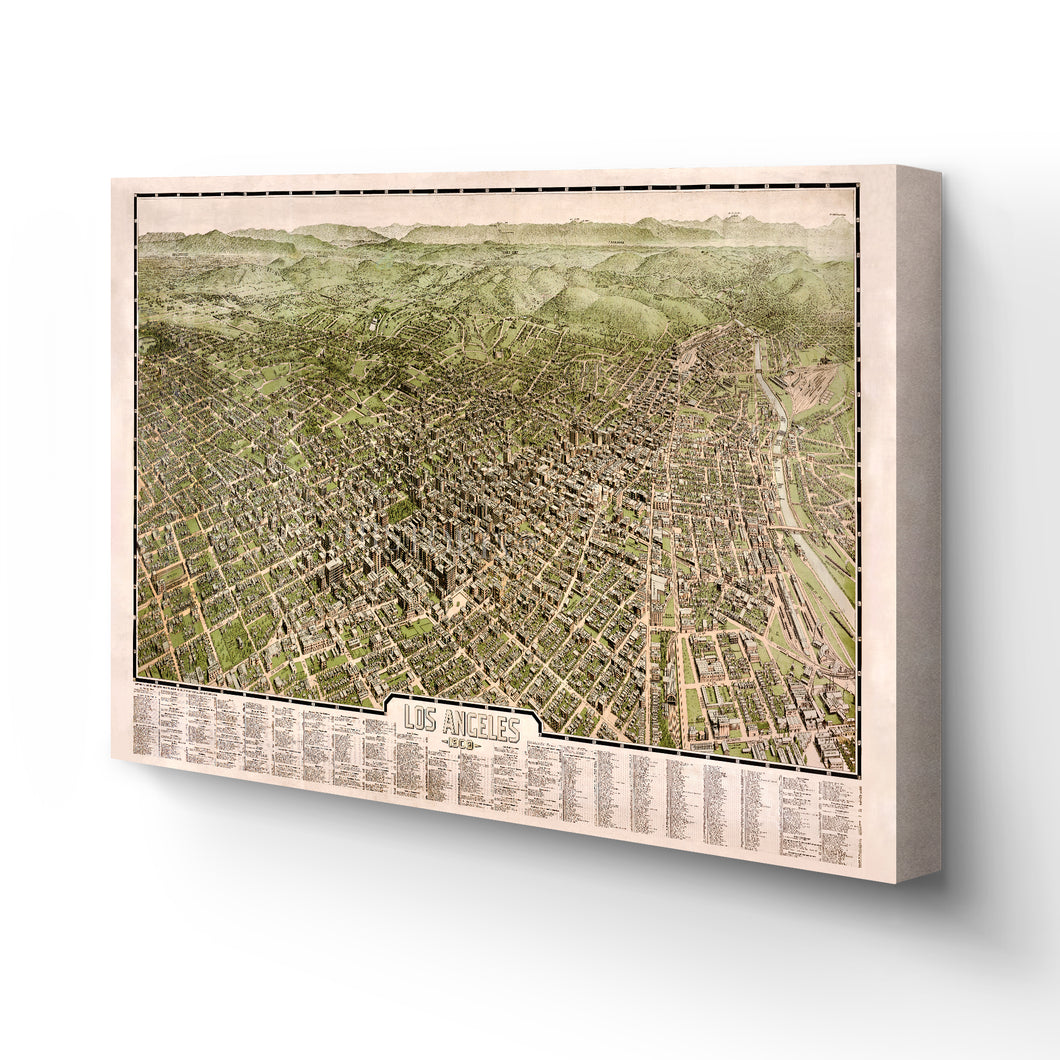 Digitally Restored and Enhanced 1909 Los Angeles Canvas Art - Canvas Wrap Vintage Map of Los Angeles California Wall Art - Old Los Angeles Map Poster - Bird's Eye View of Los Angeles City Map Print
