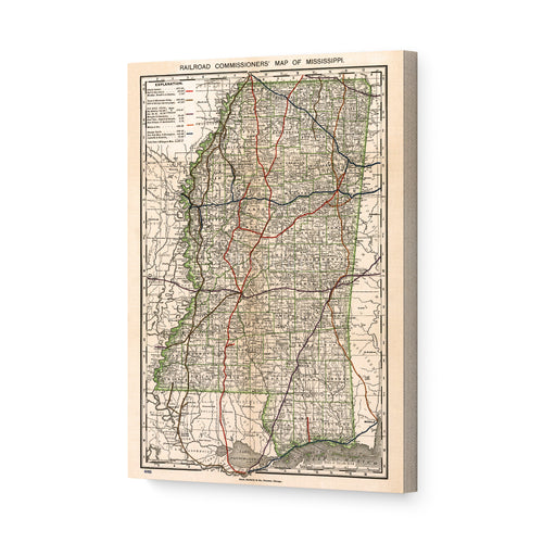 Digitally Restored and Enhanced 1888 Mississippi Map - Canvas Wrap Vintage State Map of Mississippi - Old Mississippi State Map - Railroad Commissioner's Wall Map of Mississippi Wall Art Poster