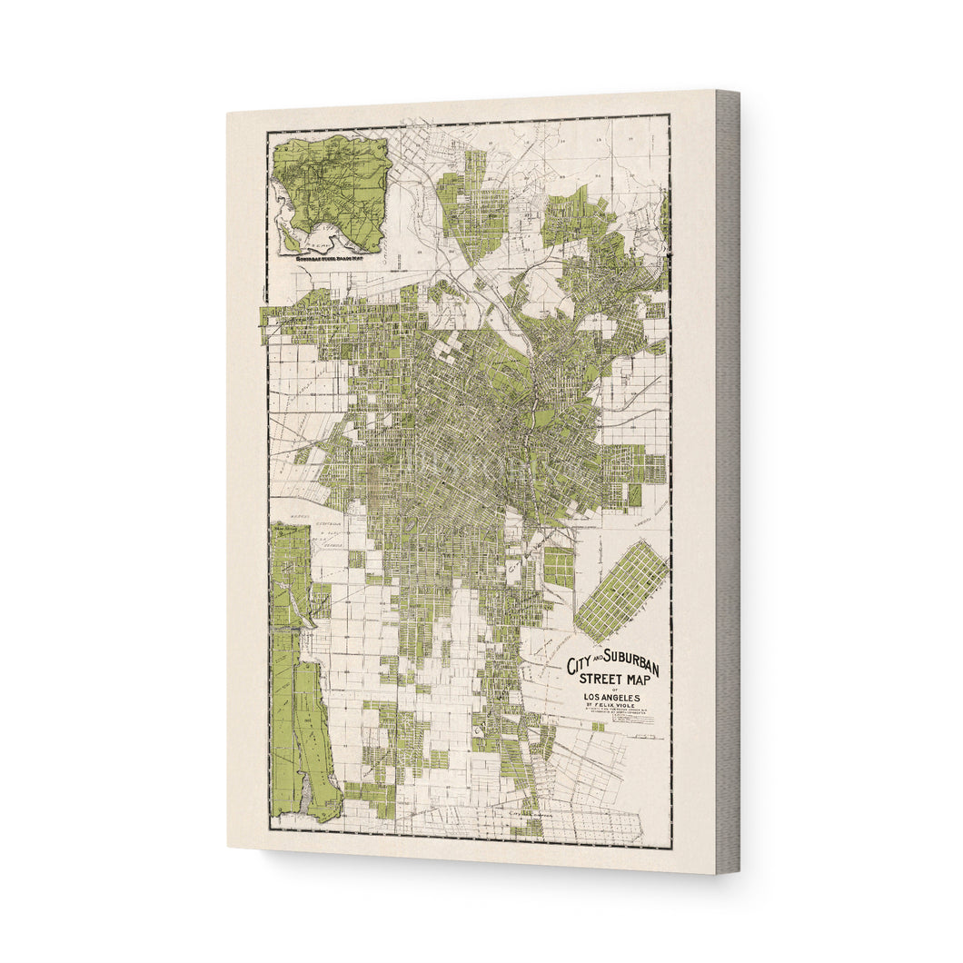 Digitally Restored and Enhanced 1909 Los Angeles Canvas - Canvas Wrap Vintage Map of Los Angeles California - Old Los Angeles Street Map - Historic City & Suburban Street Map of Los Angeles Wall Art Poster