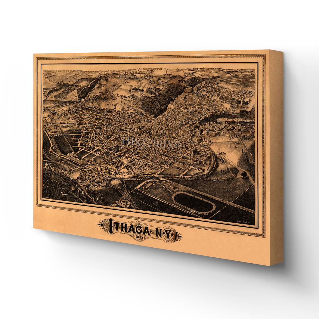 Digitally Restored and Enhanced 1882 Ithaca Map Canvas Art - Canvas Wrap Vintage Map of Ithaca New York Poster - Restored Ithaca NY Map - Old Ithaca New York Map - Bird's Eye View of Ithaca New York