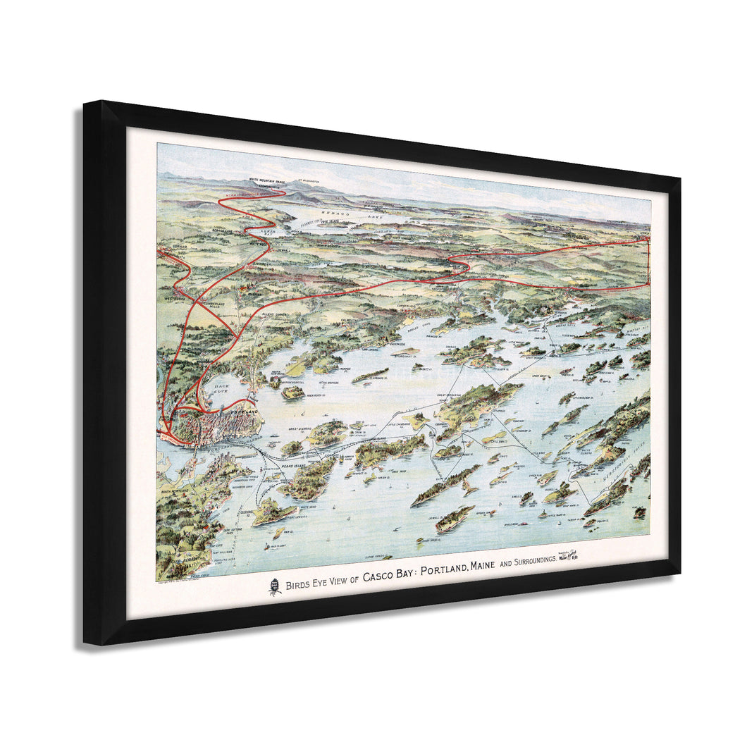 Digitally Restored and Enhanced 1906 Casco Bay Map - Framed Vintage Casco Bay Maine Map - Old Map of Portland Maine - Bird's Eye View of Casco Bay Portland Maine & Surroundings Wall Art Poster