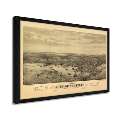 Digitally Restored and Enhanced 1878 Seattle Map Poster - Framed Vintage Map of Seattle Wall Art - Old Seattle Wall Map - Bird's Eye View of Seattle Puget Sound Washington Territory