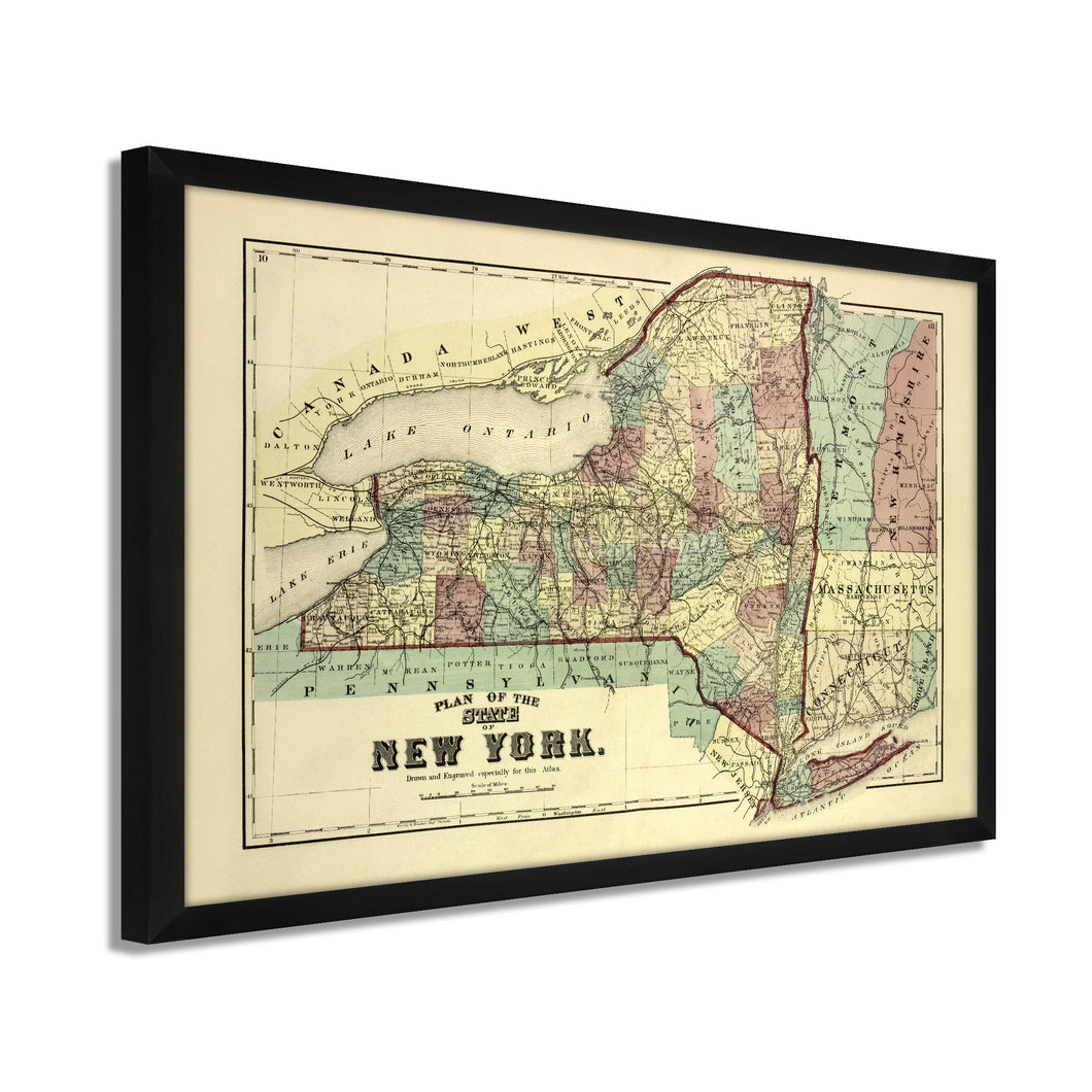 Digitally Restored and Enhanced 1875 New York Map Poster - Framed Vintage Map of New York Wall Art - Old Map of NY - Historic New York Map Print - Plan of the Map of New York State